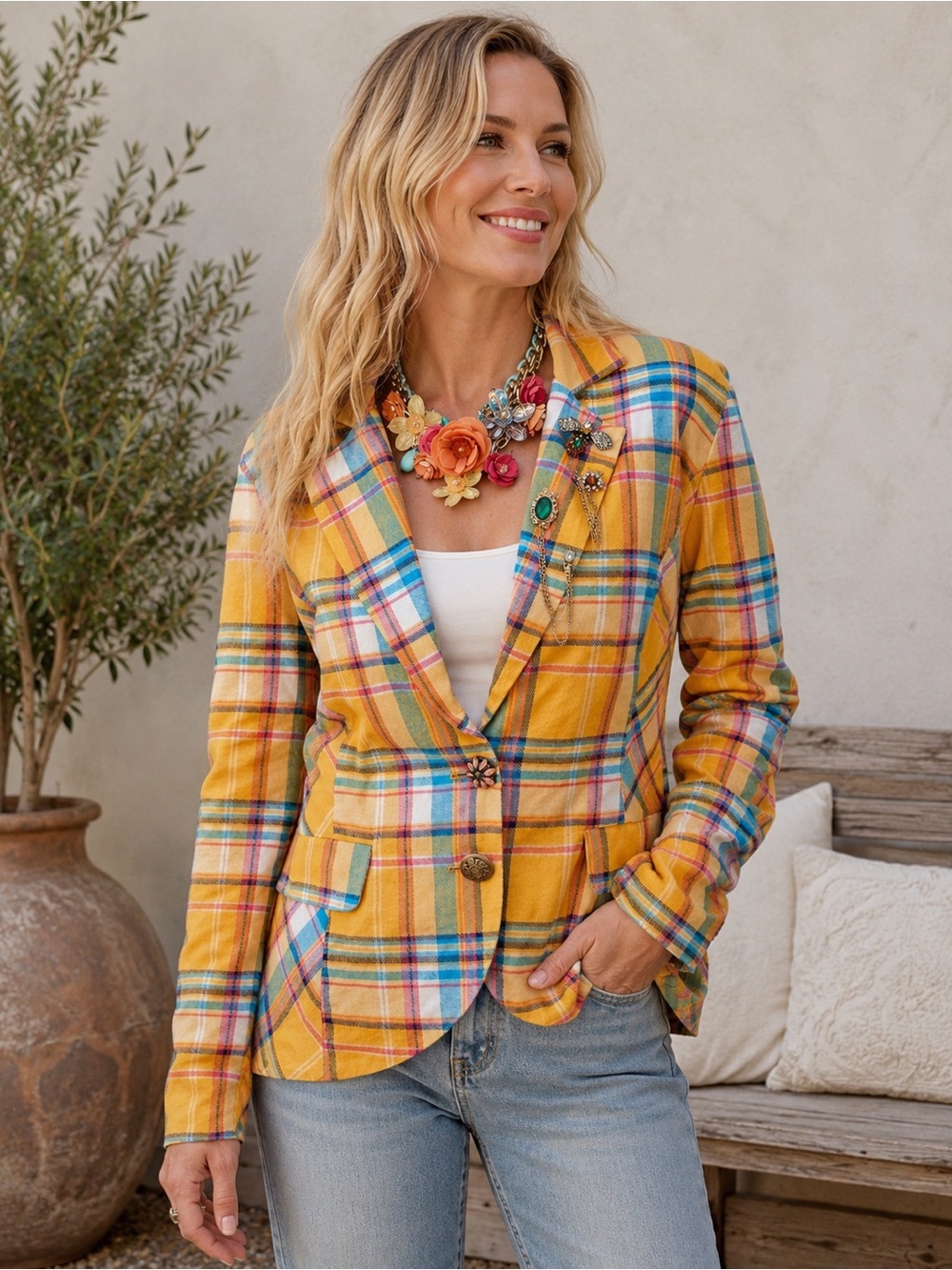 ARATTA Mustard Dulce Plaid Blazer Large